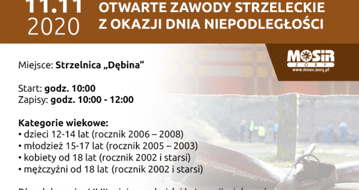 Plakat informujący o Otwartych Zawodach Strzeleckich z okazji Dnia Niepodległości