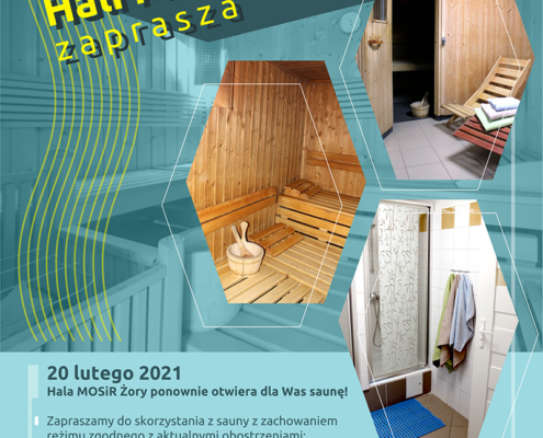 Na plakacie opis oferty wynajmu sauny, w tle zdjęcia obiektu sauny fińskiej