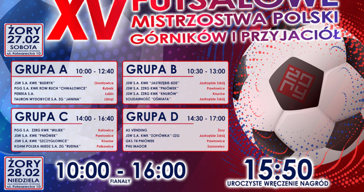 Na grafice informacje dotyczące rozgrywek, w tle piłka nożna w czerwono-niebieskich barwach