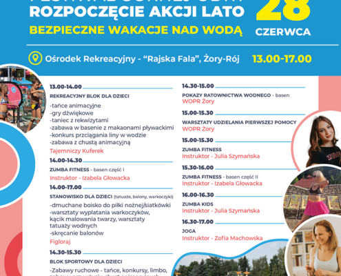 plakat zapowiada letnią imprezę z atrakcjami dla dzieci i dorosłych – animacjami, zabawami w wodzie, zumbą, jogą i pokazami ratownictwa. Utrzymany jest w wakacyjnych kolorach z grafikami i zdjęciami uczestników