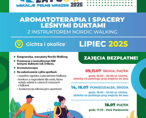 na kolorowym plakacie informacje o letnich wydarzeniach, logo oraz ilustracja nordic walking