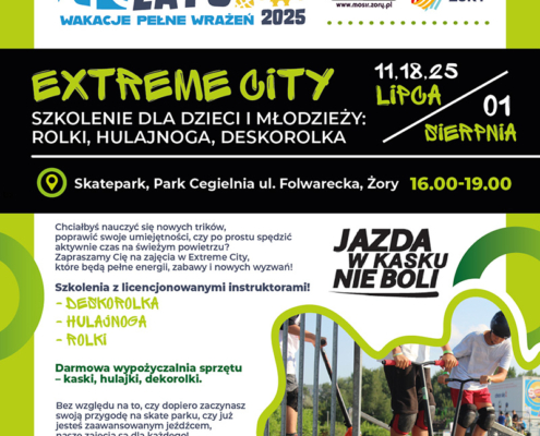 Plakat przedstawia dynamiczne, kolorowe zaproszenie na wakacyjne szkolenia w skateparku, ukazując dzieci w akcji i podkreślając bezpieczeństwo oraz sportowy klimat wydarzenia.