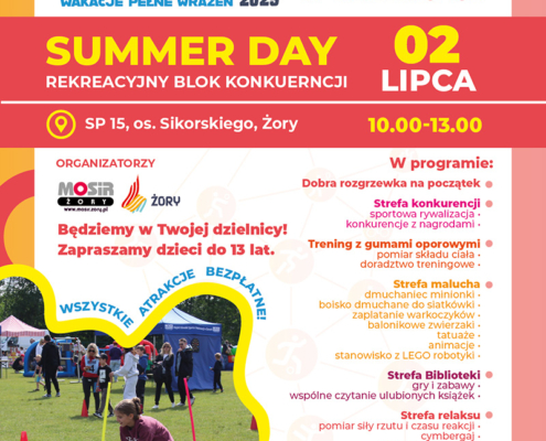 na kolorowym plakacie informacje o wydarzeniu, logo i zdjęcie dziewczynki toczącej dmuchaną piłkę na trawie