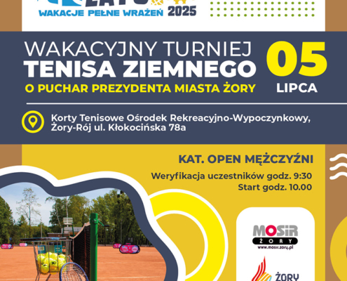 na plakacie znajduje się kolorowa zapowiedź letniego turnieju tenisa ziemnego dla mężczyzn, z grafiką kortu i rakiety tenisowej