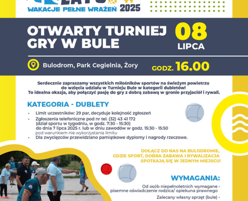 na plakacie informacje o turnieju gry w bule, zdjęcie zawodników na bulodromie i logo