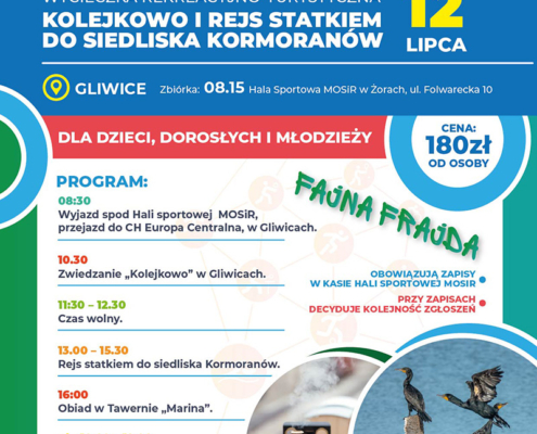 plakat przedstawia wycieczkę rekreacyjną do Gliwic z atrakcjami takimi jak zwiedzanie makiety kolejowej, rejs statkiem i obiad, logo i zdjęcia atrakcji