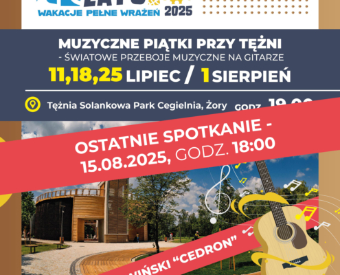 na plakacie zdjęcie tężni solankowej, ilustracja gitary, logo, informacje o wydarzeniu