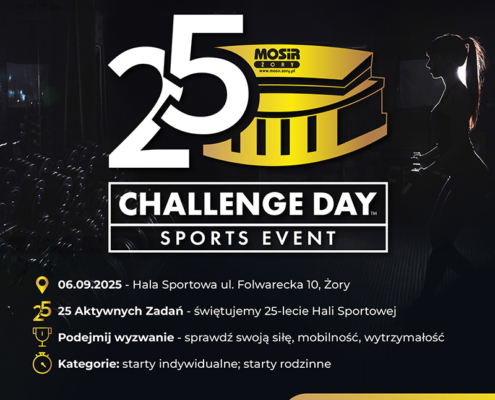 na czarnej grafice logo jubileuszu hali sportowej, informacje o wydarzeniu sportowym i zarys ćwiczącej kobiety