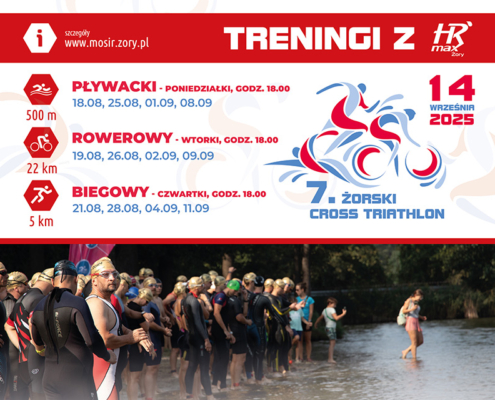 na grafice informacje o treningach z klubem HRmax, logo i zdjęcie zawodników w wodzie przed startem