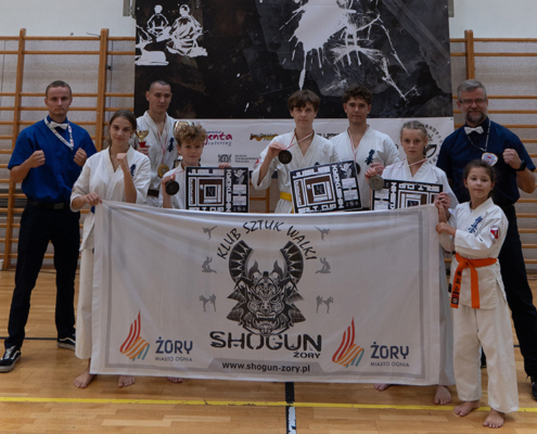 na zdjęciach turniej sztuk walki w sali sportowej i wręczenie nagród