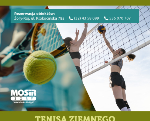 na grafice zdjęcie zawodnika z rakietą tenisową i piłką oraz zawodniczek grających przy siatce w siatkówkę