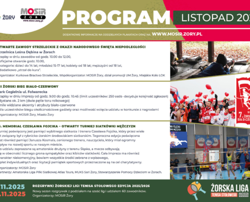 na grafice informacje o listopadowych wydarzeniach, loga i zdjęcia zawodów strzeleckich, turnieju siatkówki oraz ludzi na mecie biegu pod bramą
