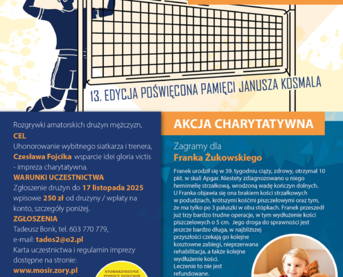 na plakacie informacje o turnieju siatkówki, zdjęcie dziecka, loga i ilustracja siatkarza serwującego przy siatce