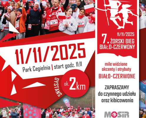 na grafice zdjęcia biegaczy z elementami biało-czerwonymi, logo wydarzenia i zapowiedź biegu