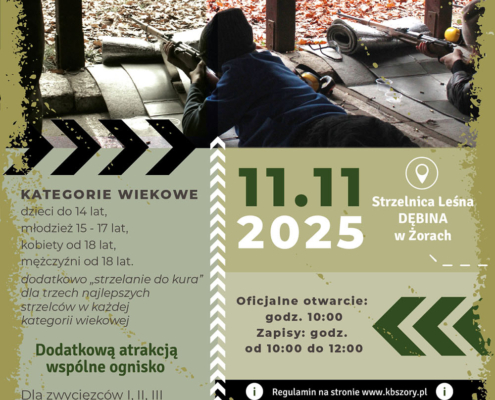 na plakacie zdjęcie strzelnicy, informacje o zawodach strzeleckich i loga