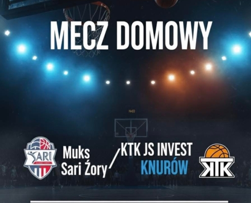 na grafice ciemne zdjęcie boiska do koszykówki, loga i informacje o meczu