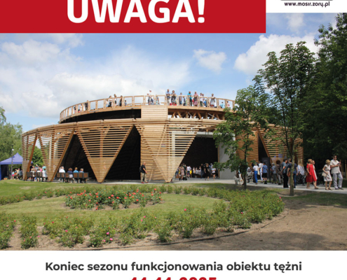 na grafice zdjęcie tężni solankowej z odwiedzającymi, logo i informacja o zakończeniu sezonu