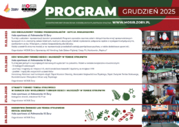 na grafice program wydarzeń sportowych na grudzień, zdjęcia z aktywności w hali sportowej, akcenty świąteczne i loga