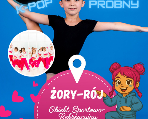 na niebieskim plakacie dziewczyna w pozie tanecznej, ikonki i informacje o zajęciach