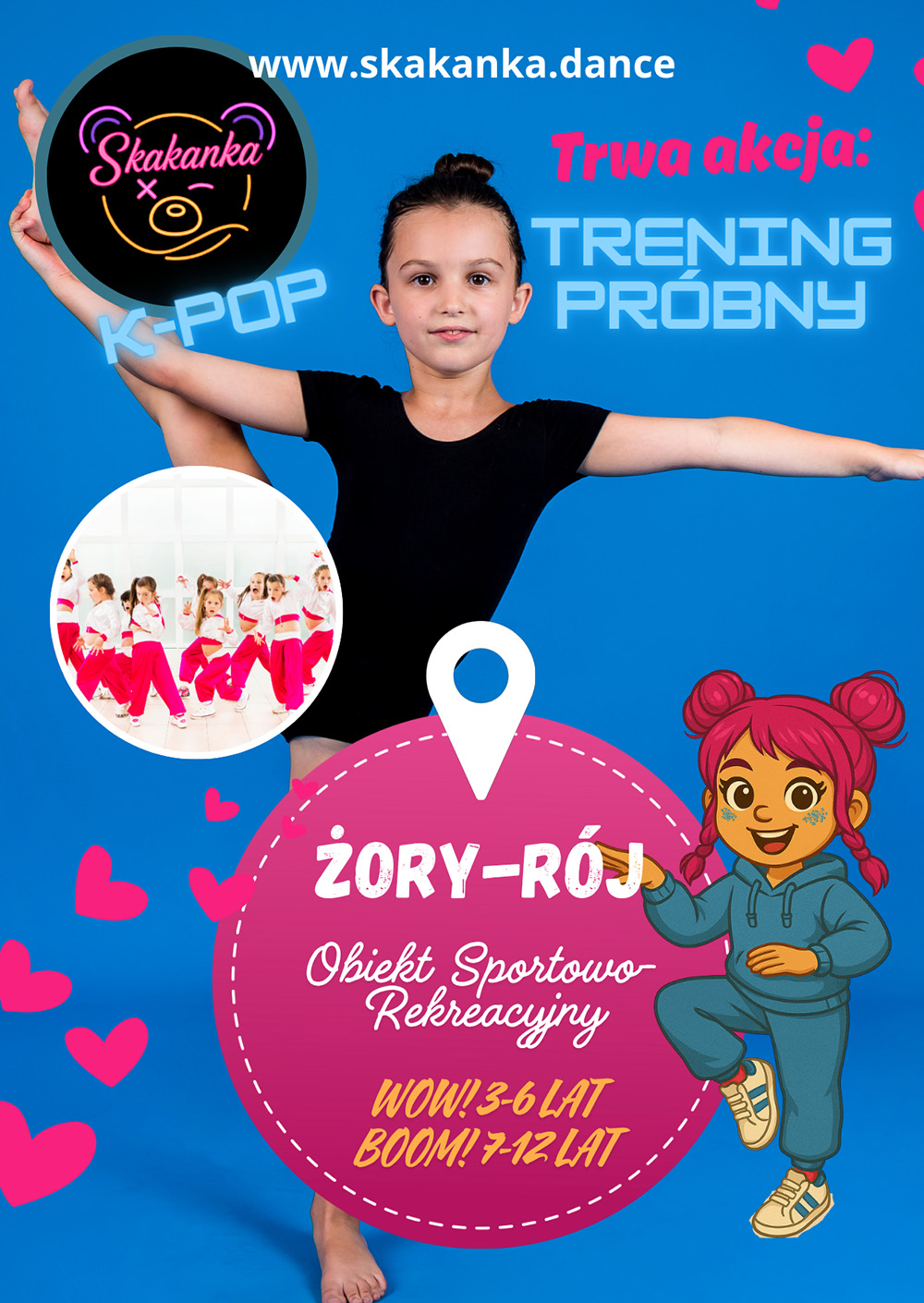 na niebieskim plakacie dziewczyna w pozie tanecznej, ikonki i informacje o zajęciach