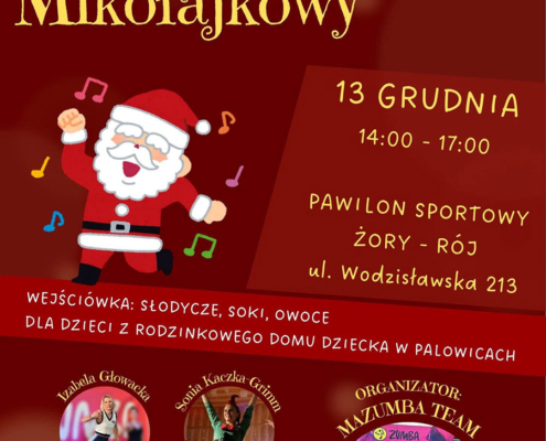 na plakacie na czerwonym tle zdjęcia aktywności sportowych, ilustracja mikołaja, loga i informacje o maratonie zumbowym