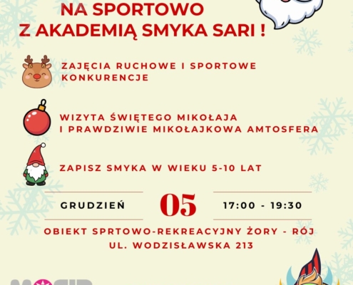 na plakacie w klimacie świątecznym lustracja biegnącego mikołaja, loga i informacje o turnieju