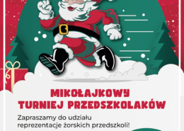 na plakacie w klimacie świątecznym lustracja biegnącego mikołaja, loga i informacje o turnieju