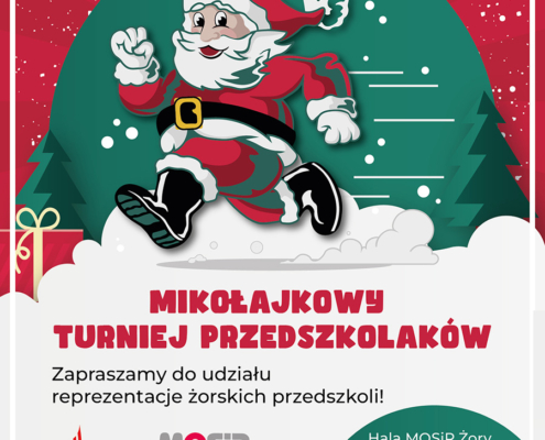 na plakacie w klimacie świątecznym lustracja biegnącego mikołaja, loga i informacje o turnieju