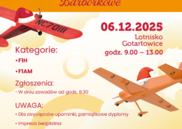 na grafice na pomarańczowym tle informacje o zawodach modeli i ilustracje samolotów w czapkach