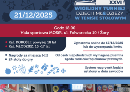 na plakacie w klimacie świątecznym zdjęcia turnieju tenisa z poprzedniej edycji, zapowiedź turnieju i loga oraz akcenty świąyeczne