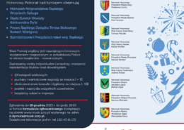 na grafice na niebieskim tle informacje o turnieju tenisa stołowego, herby miast i loga