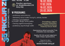 plakat promujący zajęcia samoobrony i treningu ciała oraz umysłu, z dynamicznym wizerunkiem osób ćwiczących sztuki walki, informacją o terminach ferii, miejscu zajęć w Żorach oraz ofercie dla dzieci, młodzieży i dorosłych