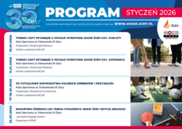 na niebiesko-czerwonym plakacie informacje o wydarzeniach sportowych, zdjęcia aktywności i loga