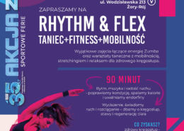 Plakat promujący zajęcia ruchowe łączące taniec, fitness i mobilność, z dynamiczną sylwetką ćwiczącej kobiety, informacją o terminie w lutym, miejscu w Żorach oraz podkreśleniem energii, ruchu i zdrowego kręgosłupa.