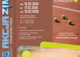 Plakat informujący o zajęciach nauki podstaw tenisa ziemnego dla dzieci, z widokiem kortu tenisowego, piłek i rakiet, oraz wyróżnioną informacją o terminach, miejscu i organizatorze w Żorach.