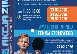 Plakat informujący o tygodniu z tenisem stołowym i amatorskim turnieju dla dzieci, z wizerunkiem chłopca trzymającego paletkę, informacjami o terminach zajęć i zawodów oraz miejscu wydarzeń w Żorach.