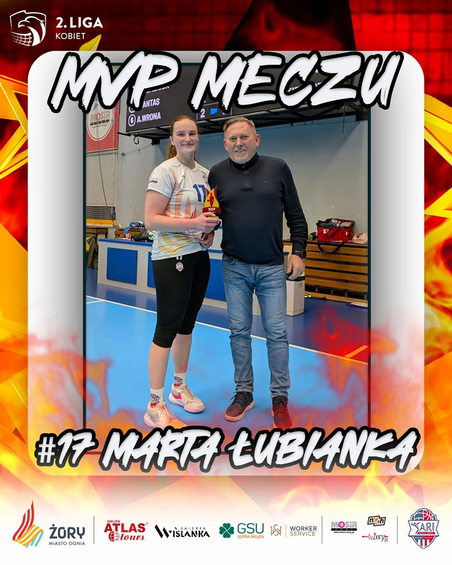Grafika prezentująca wyróżnioną zawodniczkę siatkówki odbierającą nagrodę po meczu w hali sportowej, z dynamicznym czerwonym tłem, oznaczeniem „MVP meczu” oraz elementami identyfikacji klubowej.
