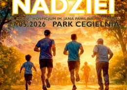Plakat zapowiadający charytatywny bieg w parku, z sylwetkami biegaczy w ciepłym, jesiennym świetle, informacją o majowym terminie, lokalizacji w Żorach oraz celu wsparcia lokalnego hospicjum.