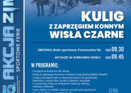 Plakat zapowiadający zimowy kulig z zaprzęgiem konnym w Wiśle, z fotografią sań w górskim, ośnieżonym krajobrazie oraz informacją o terminie, programie wyjazdu i cenie uczestnictwa.
