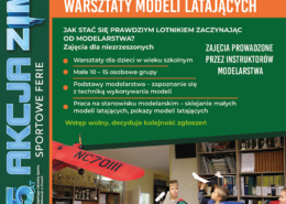 Plakat promujący warsztaty modelarstwa lotniczego dla dzieci, z informacją o lutowych terminach, miejscu zajęć w Żorach oraz zdjęciami uczestników budujących i prezentujących modele samolotów.