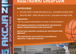 Plakat zapowiadający otwarty turniej koszykówki chłopców, z informacją o lutowym terminie, godzinach i kategoriach wiekowych oraz zdjęciem młodych zawodników grających w hali sportowej w Żorach.