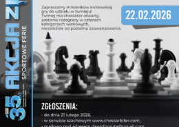 Plakat informujący o otwartym turnieju szachowym organizowanym z okazji urodzin miasta Żory, z grafiką szachownicy i figur, informacją o lutowym terminie, godzinie oraz miejscu rozgrywek.