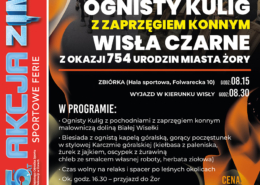 Plakat zapowiadający ognisty kulig z zaprzęgiem konnym w Wiśle Czarne, z fotografiami koni i góralskiej kapeli oraz informacją o lutowym terminie, programie wyjazdu i cenie uczestnictwa.