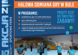 Plakat promujący otwarte warsztaty soft petanque w hali sportowej, z informacją o lutowych terminach, godzinach zajęć, miejscu w Żorach oraz zdjęciami uczestników grających na hali.