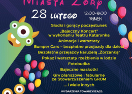 Kolorowy plakat zapowiadający 754. urodziny miasta Żory na rynku, z bajkowymi ilustracjami, balonami i programem pełnym animacji, koncertu, warsztatów oraz atrakcji dla dzieci i rodzin.