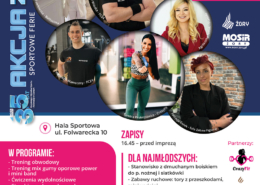 Plakat promujący wydarzenie sportowo-rekreacyjne „Aktywny Poniedziałek”, z wizerunkami instruktorów fitness, informacją o lutowym terminie, miejscu w Żorach oraz bogatym programie aktywności dla dorosłych i dzieci.
