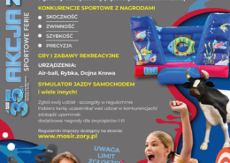 Plakat promujący festiwal sportowej energii z konkursami sprawnościowymi i atrakcjami dla dzieci, przedstawiający dmuchane urządzenia, symulator jazdy oraz radosnych uczestników, z informacją o lutowym terminie i hali sportowej w Żorach.