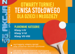 Plakat zapowiadający otwarty turniej tenisa stołowego dla dzieci i młodzieży, z dużą grafiką paletki i piłeczki oraz informacją o lutowym terminie, godzinie i miejscu zawodów w hali sportowej w Żorach.