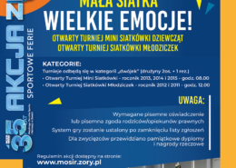 Plakat zapowiadający otwarty turniej mini siatkówki dziewcząt i młodziczek, z informacją o lutowym terminie, hali sportowej w Żorach oraz zdjęciem zawodniczek podczas meczu.