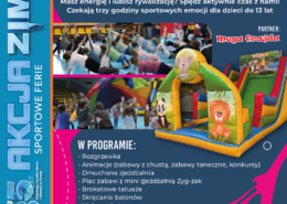 Plakat promujący wydarzenie „Aktywny dzień – dzień pełen zabawy” z animacjami i atrakcjami sportowymi dla dzieci, przedstawiający zdjęcia wspólnych ćwiczeń oraz dmuchaną zjeżdżalnię, z informacją o lutowym terminie i hali sportowej w Żorach.